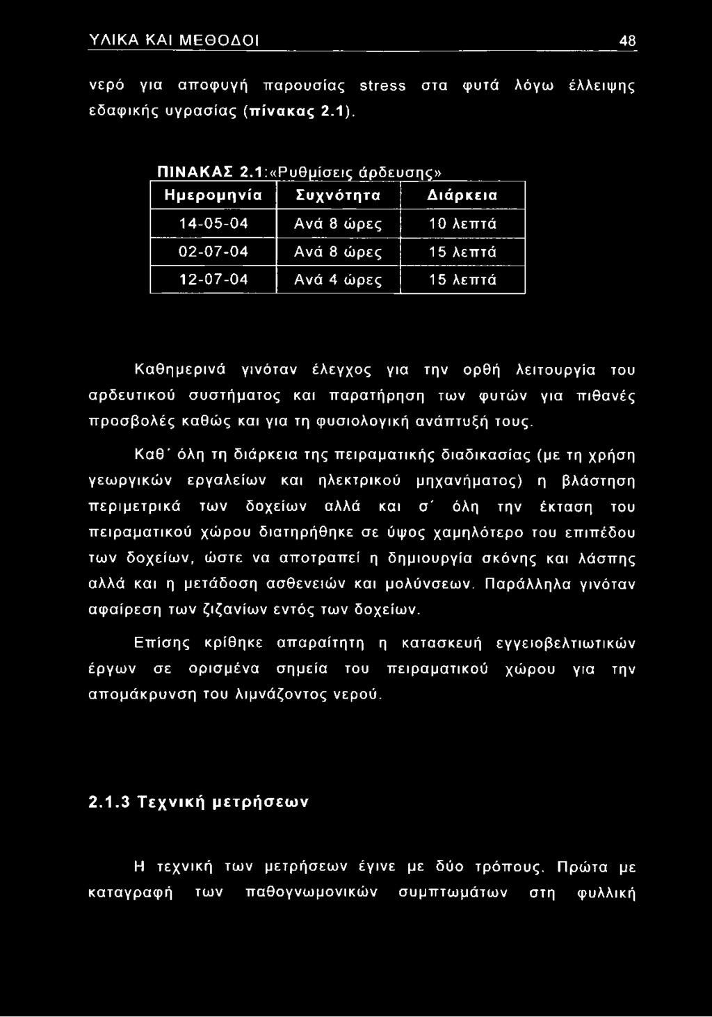 αρδευτικού συστήματος και παρατήρηση των φυτών για πιθανές προσβολές καθώς και για τη φυσιολογική ανάπτυξή τους.