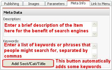 Content Item Editor: Το tab των meta info Αν θέλετε το site σας να βρίσκεται εύκολα από τις µηχανές αναζήτησης, καλό θα ήταν να καθορίσετε και κάποιες πληροφορίες σχετικά µε αυτό, οι οποίες λέγονται