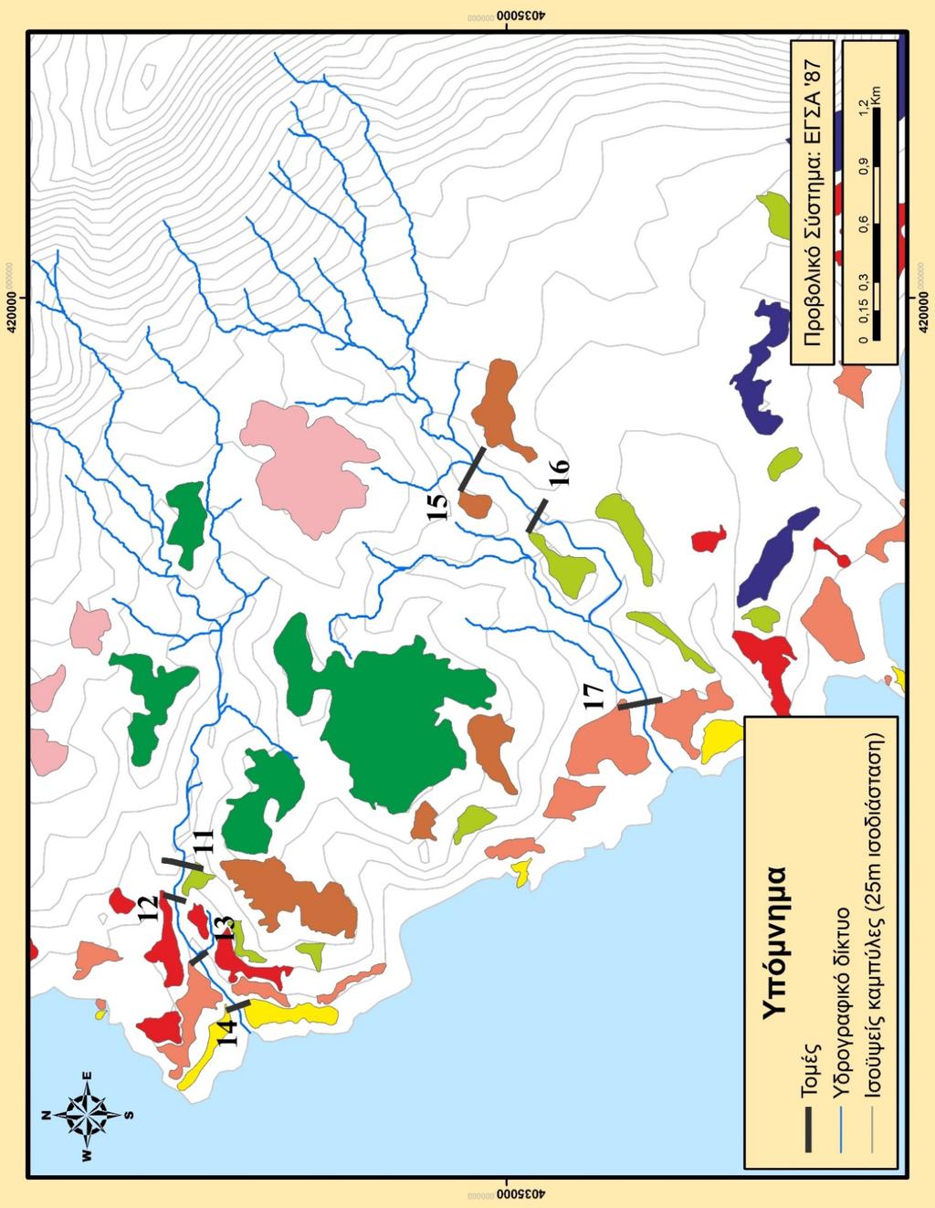 Χάρτης 12. Χάρτης με τις εγκάρσιες τοπογραφικές τομές των κοιλάδων στην περιοχή του Μαλέα.