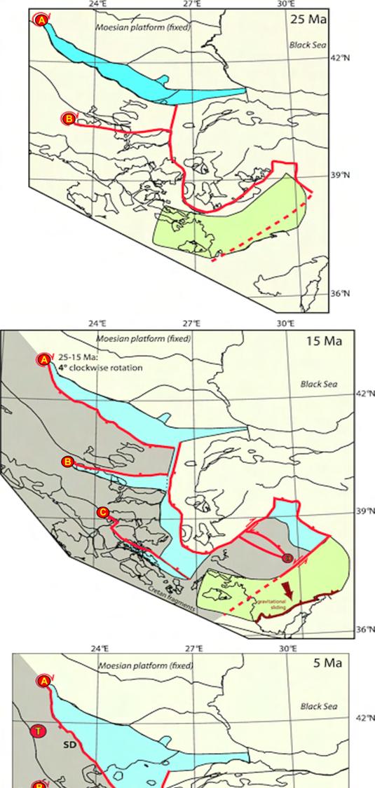 Εισαγωγή 25 mya 15 mya Εικόνα Α7: Σχηματική απεικόνιση των νοτιοανατολικών Κυκλάδων, της Κρήτης και της περιοχής Μέντερες στην ΝΔ Τουρκία από τα 25 mya σε σχέση με την πλάκα της Μοεσίας