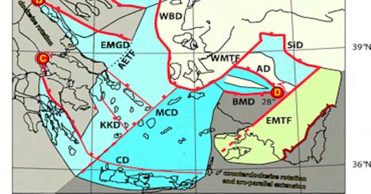 AD = Alaşehir Detachment; AETF = Attica Evvia Transfer Fault; BMD = Büyük Menderes detachment; CD = Cretan Detachment; EMGD = Eastern Mainland Greece Detachment; EMTF = East Menderes 5 mya