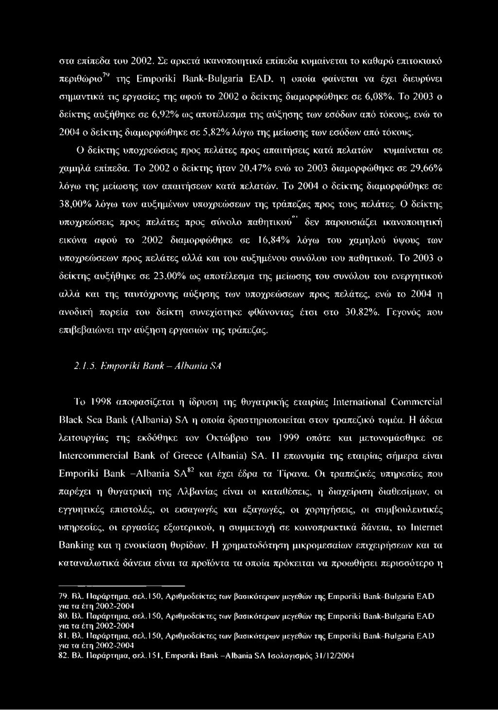 Το 2003 ο δείκτης αυξήθηκε σε 6,92% ως αποτέλεσμα της αύξησης των εσόδων από τόκους, ενώ το 2004 ο δείκτης διαμορφώθηκε σε 5,82% λόγω της μείωσης των εσόδων από τόκους.