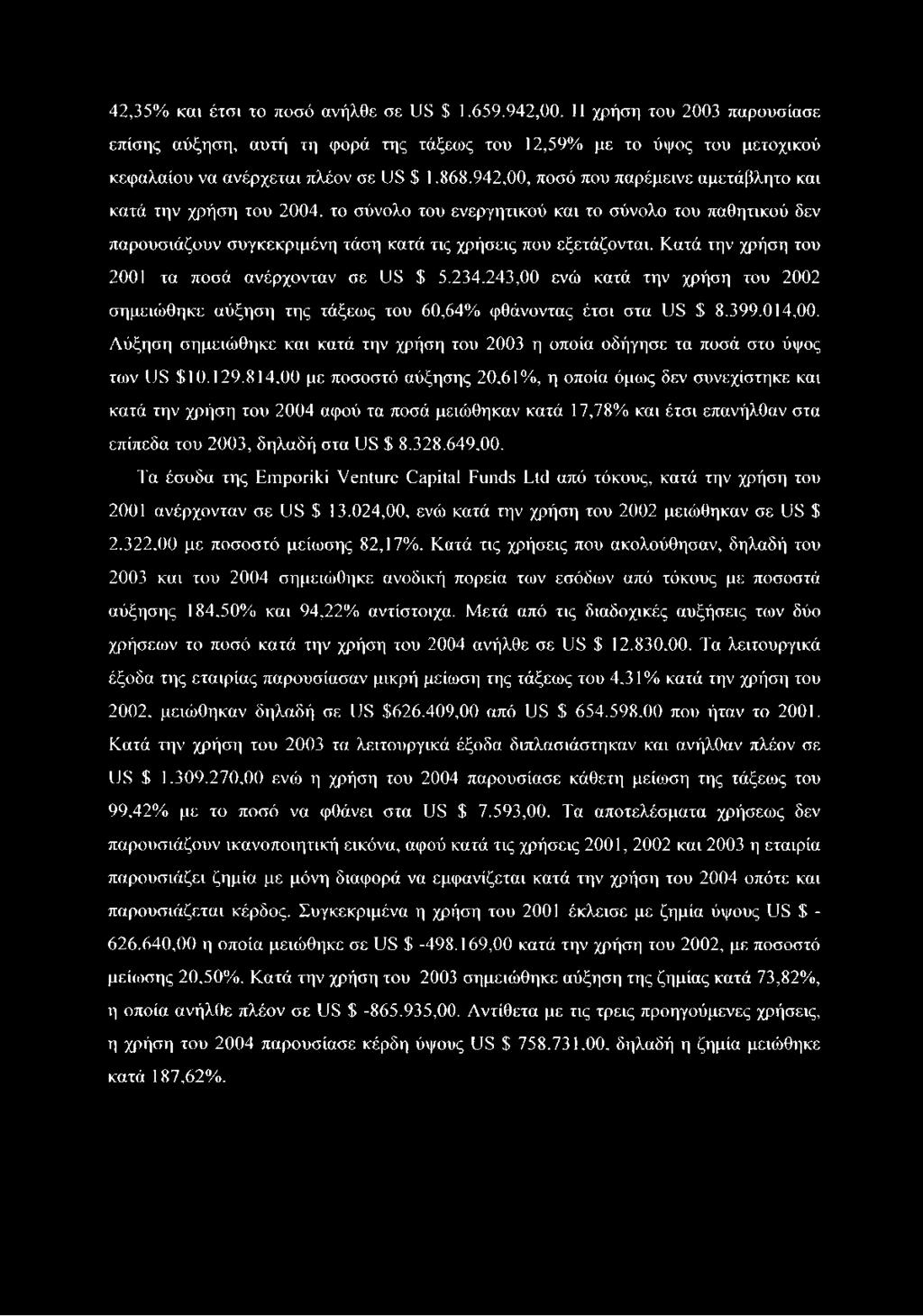 Κατά την χρήση του 2001 τα ποσά ανέρχονταν σε US $ 5.234.243,00 ενώ κατά την χρήση του 2002 σημειώθηκε αύξηση της τάξεως του 60,64% φθάνοντας έτσι στα US $ 8.399.014,00.