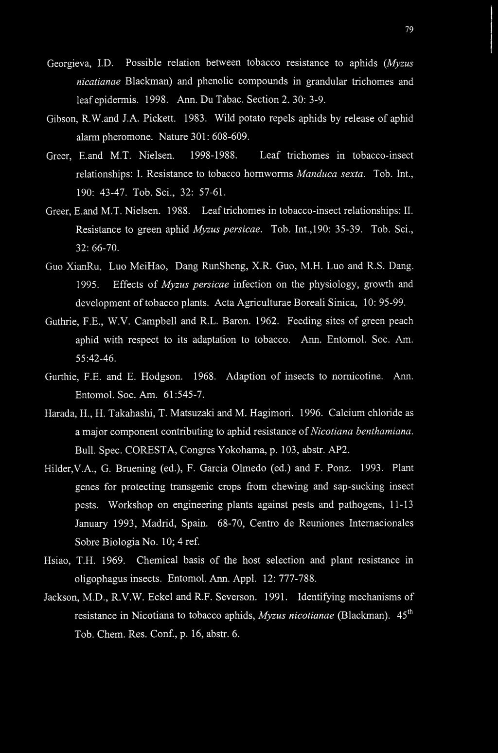 Leaf trichomes in tobacco-insect relationships: I. Resistance to tobacco homworms Manduca sexta. Tob. Int., 190: 43-47. Tob. Sci., 32: 57-61. Greer, E.and M.T. Nielsen. 1988.