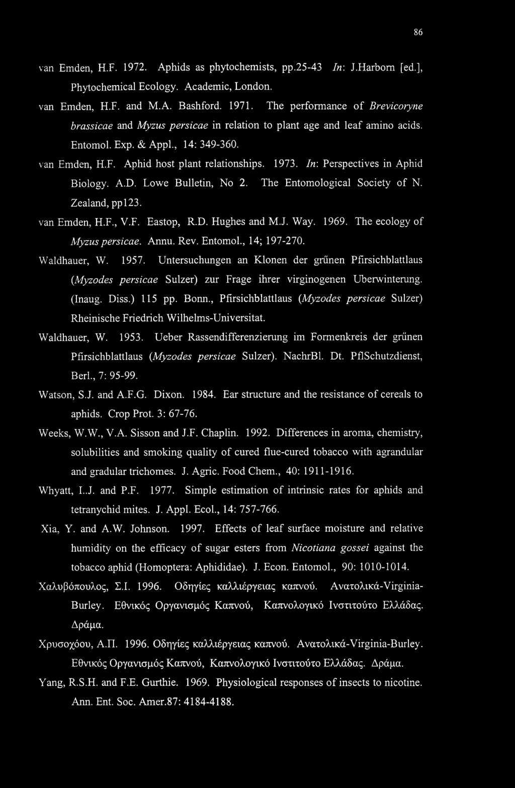 In: Perspectives in Aphid Biology. A.D. Lowe Bulletin, No 2. The Entomological Society of N. Zealand, ppl23. van Emden, H.F., V.F. Eastop, R.D. Hughes and M.J. Way. 1969.
