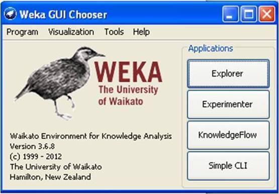 4.2.5 Διεπαφή χρήστη Με την λήψη του λογισμικού, εμφανίζεται το αρχικό περιβάλλον του WEKA, το οποίο προσφέρει την δυνατότητα επιλογής περιβάλλοντος ανάμεσα σε τέσσερεις επιλογές: Explorer,