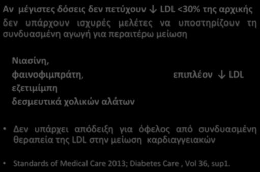 Περαιτέρω(μείωση(LDL( Αν((μέγιστες(δόσεις(δεν(πετύχουν( (LDL(<30%(της(αρχικής(( δεν υπάρχουν ισχυρές μελέτες να υποστηρίζουν τη συνδυασμένηαγωγήγιαπεραιτέρωμείωση ((((Νιασίνη,(( ((((φαινοφιμπράτη,