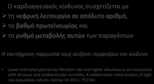 ΧΝΝ(και(καρδιαγγειακός(κίνδυνος( Οκαρδιαγγειακόςκίνδυνοςσυσχετίζεταιμε τηνεφρικήλειτουργίασεαπόλυτοαριθμό, τοβαθμόπρωτεϊνουρίαςκαι τορυθμόμεταβολήςαυτώντωνπαραγόντων