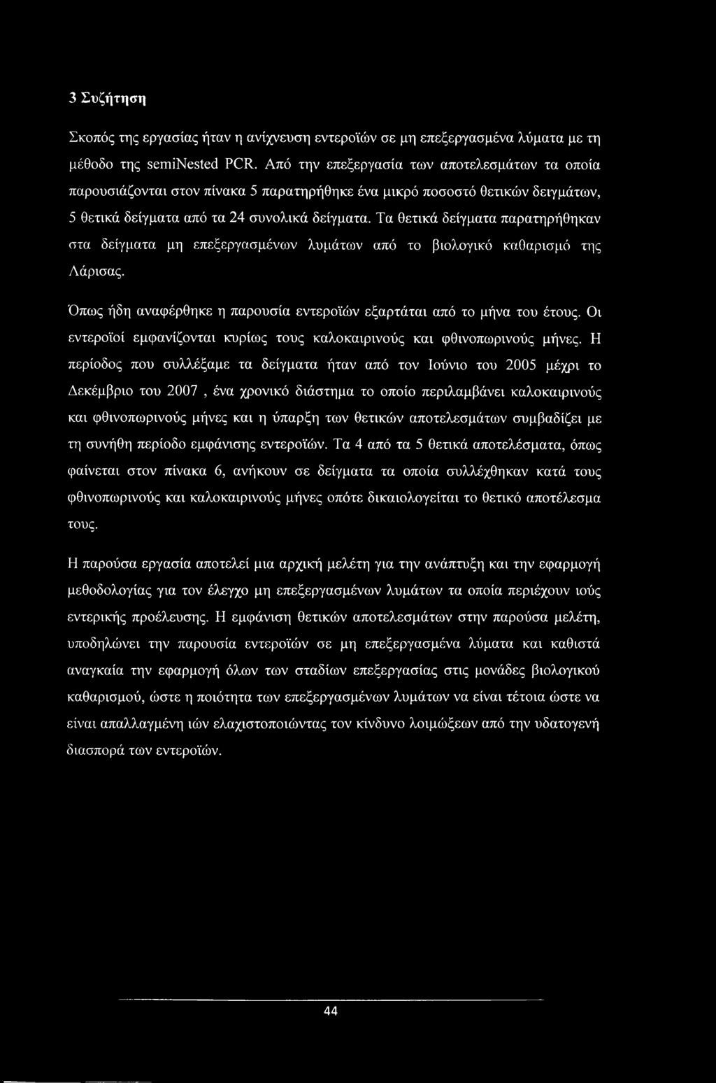 Τα θετικά δείγματα παρατηρήθηκαν στα δείγματα μη επεξεργασμένων λυμάτων από το βιολογικό καθαρισμό της Λάρισας. Όπως ήδη αναφέρθηκε η παρουσία εντεροϊών εξαρτάται από το μήνα του έτους.