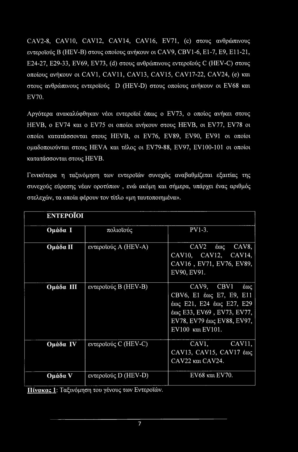 Αργότερα ανακαλύφθηκαν νέοι εντεροϊοί όπως ο EV73, ο οποίος ανήκει στους HEVB, ο EV74 και ο EV75 οι οποίοι ανήκουν στους HEVB, οι EV77, EV78 οι οποίοι κατατάσσονται στους HEVB, οι EV76, EV89, EV90,