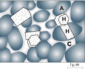 προϊόντα της ενυδάτωσης : Πήγμα, σχηματιζόμενο με τα Α: μάζα σωματιδίων C-S-H (50-60% κ.ο. στερεού), με ενδοσωματιδιακή απόσταση 0.5-3.