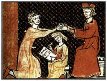 Ο όρκος πίστης και υποταγής (Homagium). Ο υποτελής βάζει τα δυό του χέρια στα χέρια του φεουδάρχη.