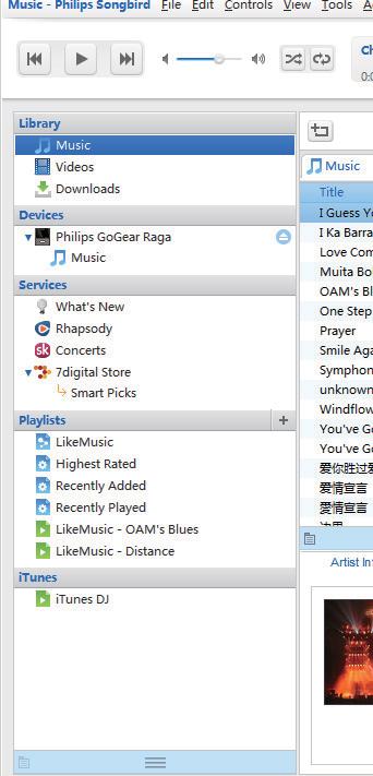 Προσθήκη στο Philips Songbird Για μεταφορά τραγουδιών από το Rhapsody στο Philips Songbird, προσθέστε τα τραγούδια σε μια λίστα αναπαραγωγής στο Philips Songbird (δείτε Δημιουργία λιστών αναπαραγωγής