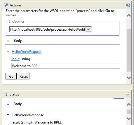 Testing the process We will test the "Hello World" deployment with Web Services Explorer provided by Eclipse. Right click on the HelloWorldArtifacts.wsdl file.