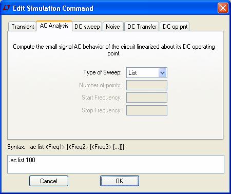 Από το µενού Simulate επιλέγουµε Edit Simulation Cmd και στη συνέχεια AC Analysis.