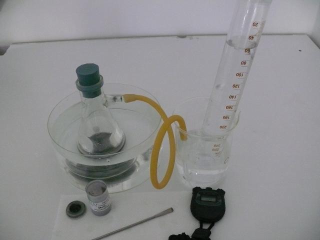 6. Προσθέτουμε στην κωνική φιάλη διάλυμα υπεροξειδίου του υδρογόνου 15 ml perhydrol 45 ml νερό.