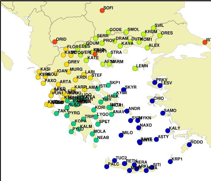 Σχήμα 2. H ομαδοποίηση των σταθμών του δικτύου METRICA κατά την διάρκεια της ταυτόχρονης επεξεργασίας.