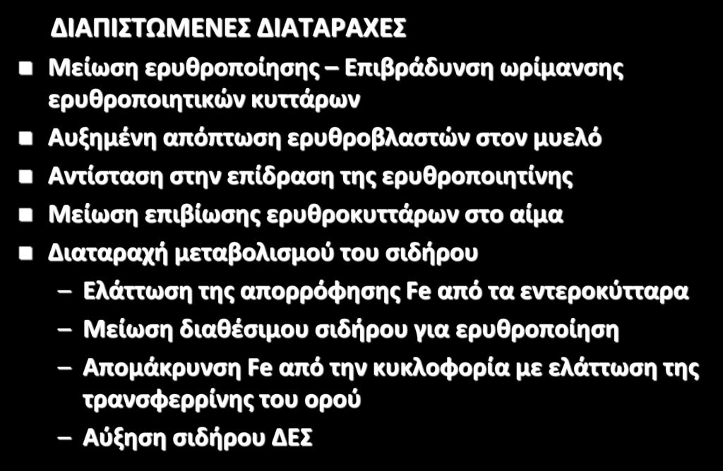 ΑΝΑΙΜΙΑ ΧΡΟΝΙΑΣ ΝΟΣΟΥ ΔΙΑΠΙΣΤΩΜΕΝΕΣ ΔΙΑΤΑΡΑΧΕΣ Μείωση ερυθροποίησης Επιβράδυνση ωρίμανσης ερυθροποιητικών κυττάρων Αυξημένη απόπτωση ερυθροβλαστών στον μυελό Αντίσταση στην επίδραση της