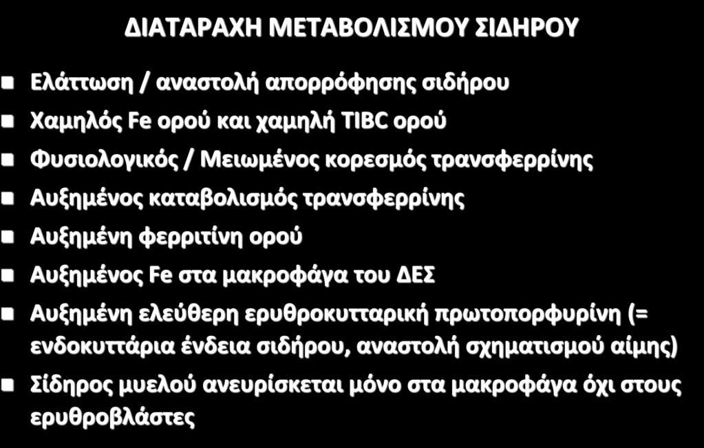 ΑΝΑΙΜΙΑ ΧΡΟΝΙΑΣ ΝΟΣΟΥ ΔΙΑΤΑΡΑΧΗ ΜΕΤΑΒΟΛΙΣΜΟΥ ΣΙΔΗΡΟΥ Ελάττωση / αναστολή απορρόφησης σιδήρου Χαμηλός Fe ορού και χαμηλή TIBC ορού Φυσιολογικός / Μειωμένος κορεσμός τρανσφερρίνης Αυξημένος