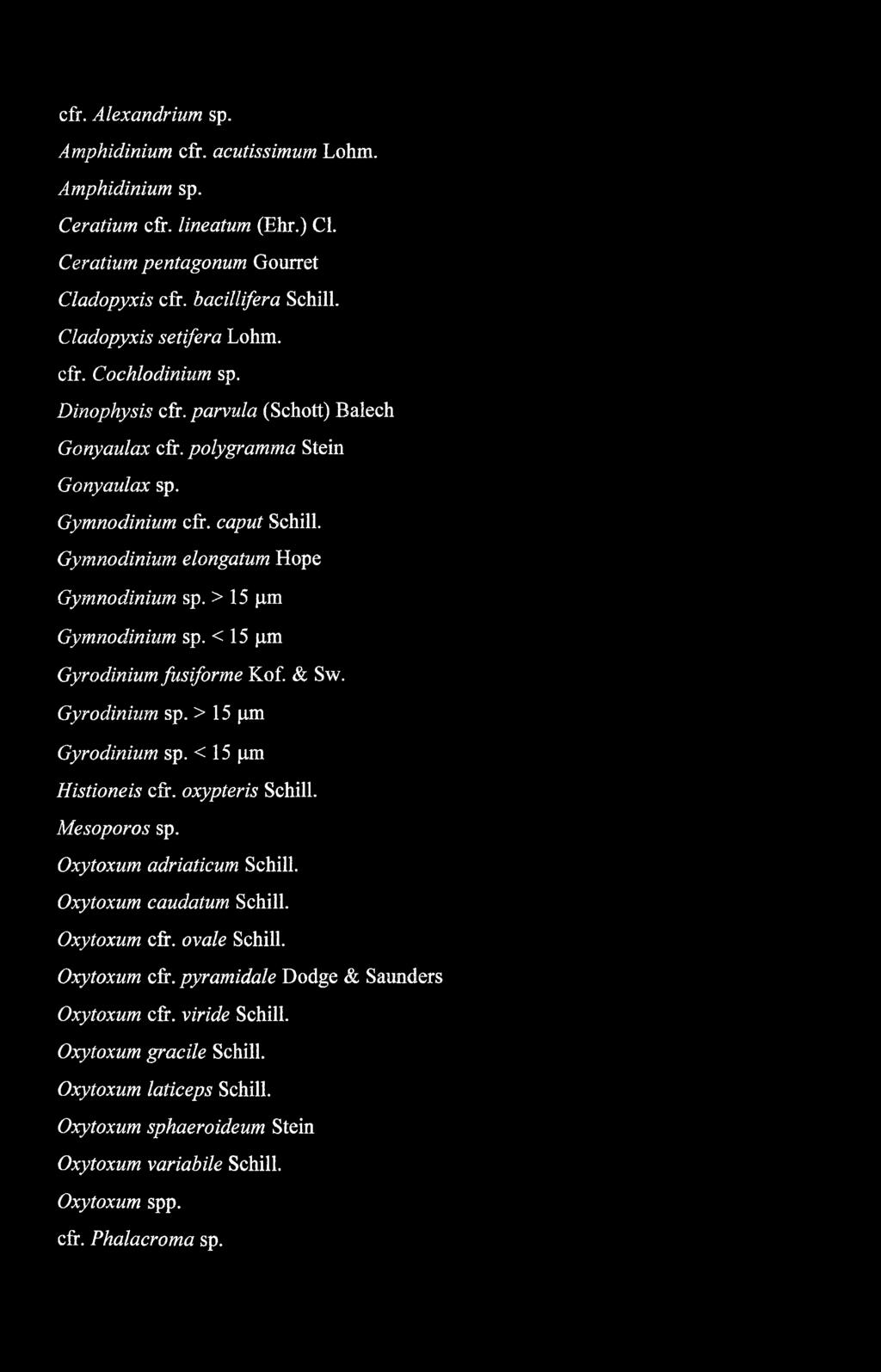 < 15 pm Gyrodinium fusiforme Kof. & Sw. Gyrodinium sp. > 15 pm Gyrodinium sp. < 15 pm Histioneis cfr. oxypteris Schill. Mesoporos sp. Oxytoxum adriaticum Schill. Oxytoxum caudatum Schill.