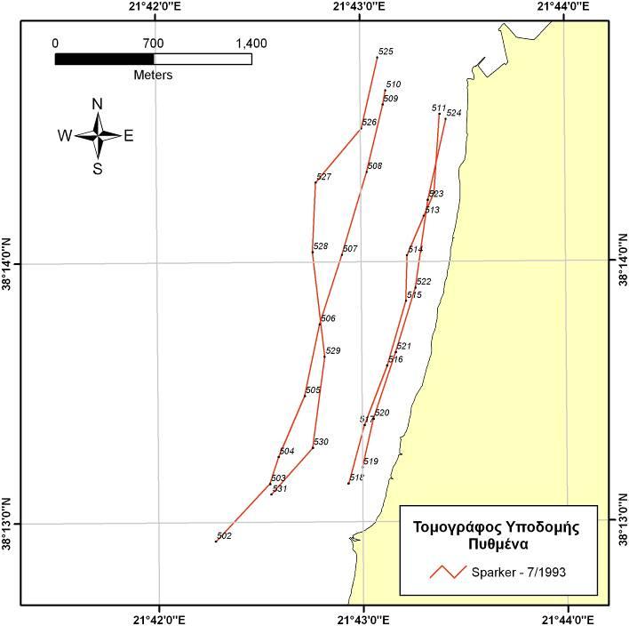 Το χρονικό των ερευνών Παράρτηµα Ι Εικόνα ΠΙ.2. Χάρτης όπου φαίνονται οι πορείες που υλοποιήθηκαν µε Τ.Υ.Π. Sparker στον Πατραϊκό κόλπο τον Ιούλιο 1993.