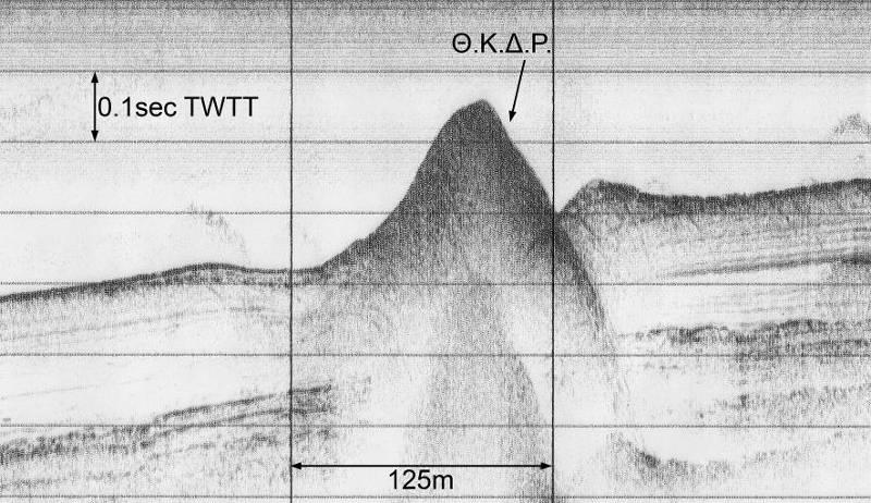 Πατραϊκός κόλπος Κεφάλαιο 5 Εικόνα 5.13. Σεισµική τοµογραφία 3.5kHz στην οποία φαίνεται η κάλυψη ενός κρατήρα διαφυγής ρευστών (ΘΚ Ρ) για την κατασκευή του κυµατοθραύστη του νέου λιµένα Πατρών. 5.1.2 Γεωλογικά χαρακτηριστικά 5.