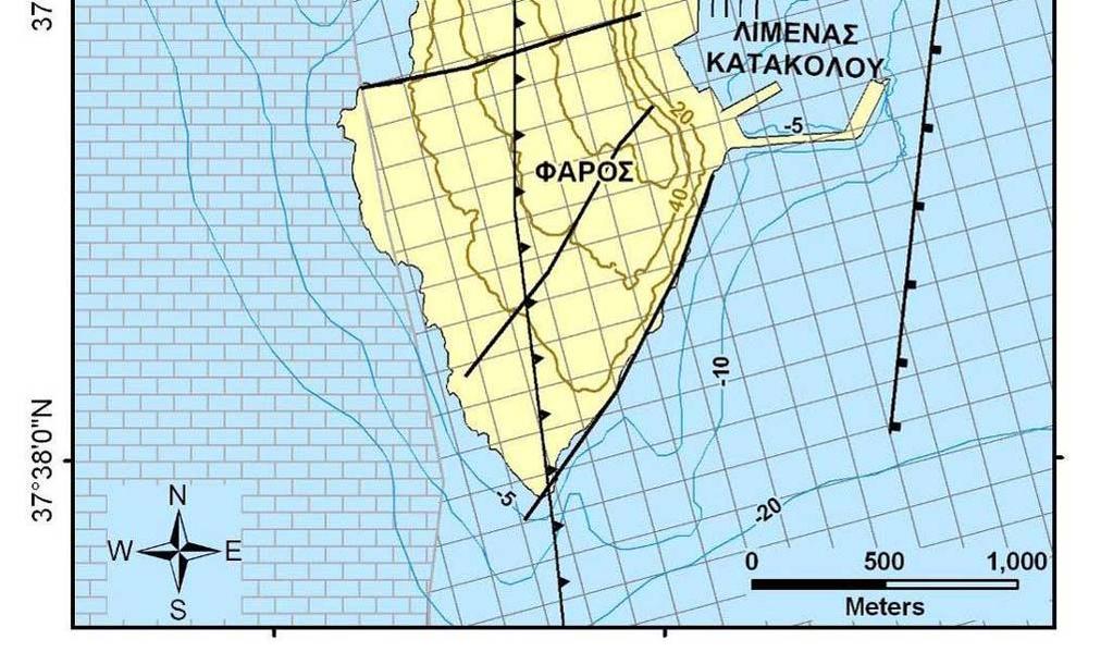 Τεκτονικός χάρτης του Κατακόλου (τροποποίηση από Kamberis et al., 2000a; 2000b). 3.3.2 ιαφυγές ρευστών στο θαλάσσιο και στο χερσαίο περιβάλλον του Κατακόλου.