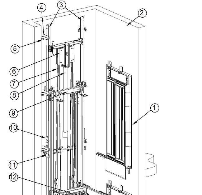 Version: 1.1 Date: 26/04/2012 Page: 3/14 3D layout 1. LANDING DOORS 2. SHAFT WALL 3. GUIDE RAILS 4. GUIDE RAIL BRACKETS 5 WALL BRACKETS 6. PULLEY 7. ROPES 8.