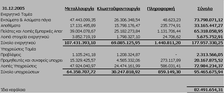 31.12.2006 Κλωστοϋφαντουργία Ενεργητικό Τοµέα Ενσώµατα & Ασώµατα πάγια 49.236.937,55 49.236.937,55 Αποθέµατα 12.377.405,63 12.377.405,63 Πελάτες και Λοιπές Εµπορικές Απαιτήσεις 23.635.