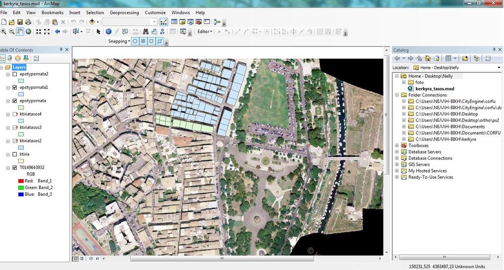 Εικόνα 70 : Ψηφιοποίηση γεωτεμαχίων της Παλιάς Πόλης της Κέρκυρας στο ArcMap Στη συνέχεια, έγινε εξαγωγή (export) του layer που δημιουργήθηκε στο ArcMap με τα ψηφιοποιημένα γεωτεμάχια και