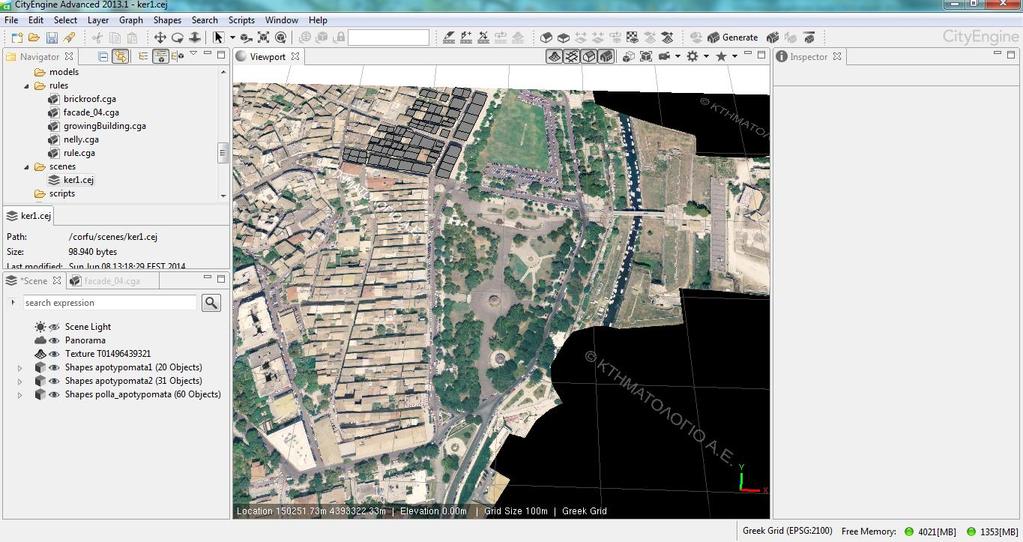 Εικόνα 71 : Τα ψηφιοποιημένα γεωτεμάχια σε μορφή Shapefile στο περιβάλλον του CityEngine Κατά τη δημιουργία των CGA κανόνων, όπως θα παρουσιαστούν αναλυτικά στη συνέχεια, καθορίζεται η γεωμετρία της