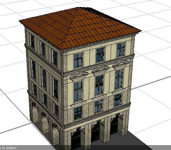 Εικόνα 74 : 3D μοντέλο χαρακτηριστικού κτιρίου της Παλιάς Πόλης της Κέρκυρας στο CityEngine Στην εικόνα 75 φαίνεται η πίσω όψη του ίδιου κτιρίου, στην οποία δεν υπάρχουν τα 3D αντικείμενα (3D