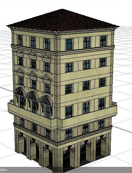 Εικόνα 80: 3D μοντέλο του ίδιου κτιρίου στο CityEngine, από άλλη οπτική γωνία Ακολουθεί ο CGA κανόνας που δημιουργήθηκε για το παραπάνω μοντέλο : /** * File: nelly.