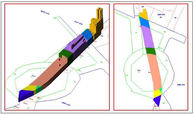 Εικόνα 19 : 3D και 2D απεικόνιση του χωρικού γεωτεμαχίου και των χωρικών υποτεμαχίων πάνω στα υφιστάμενα γεωτεμάχια του σιδηροδρομικού σταθμού της πόλης Modi in (πηγή : Grinstein) Kάθε έργο που