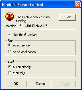 Έναρξη της Firebird Έναρξη της Firebird Windows Ανοίξτε το Control Panel (πίνακας ελέγχου) [Start -> Settings -> Control Panel]. Στο παράθυρο που θα ανοίξει επιλέξτε το εικονίδιο Firebird 1.