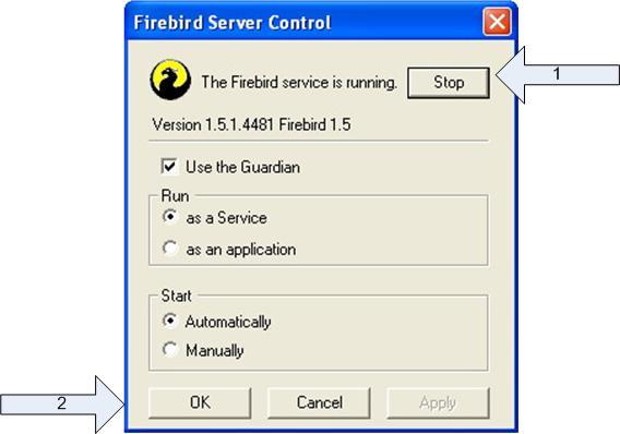 ιακοπή λειτουργίας της Firebird ιακοπή λειτουργίας της Firebird Windows Πηγαίνετε στο Control Panel Στο παράθυρο του Control Panel κάνετε διπλό κλικ στο εικονίδιο: Εµφανίζεται η ακόλουθη λίστα