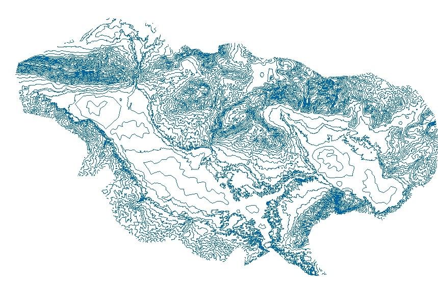 Χάρτης 13.6.1. Ενιαίος θεματικός χάρτης ισοϋψών καμπυλών εδάφους στη λεκάνη απορροής του ποταμού Στρυμόνα Map 13.6.1. Elevation contour in Strymonas river basin.