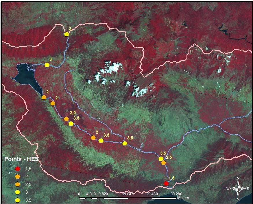 Χάρτης 13.8.1. Ο Δείκτης σύμφωνα με το ελληνικό σύστημα αξιολόγησης κατά μήκος του ποταμού Στρυμόνα - Map 13.8.1. The index values according to the Hellenic evaluation system (HES) along Strymonas river 13.