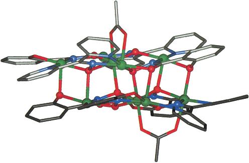The atoms of the metallacrown core are represented as balls, the remainder of the framework are sticks. Solvents, hydrogens, and the bulky side group of (MCPA) have been omitted for clarity.