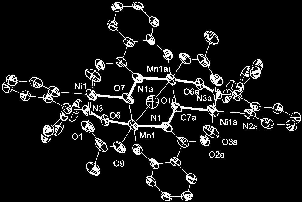(Nickel ) green, oxygen ) red, nitrogen ) blue, carbon ) gray). Figure 7. An ORTEP diagram of (OAc) 2[12-MC Ni(II)Mn(III)N(shi)2(pko) 2-4] 5DMF (4a) with 50% ellipsoids and the atom label scheme.