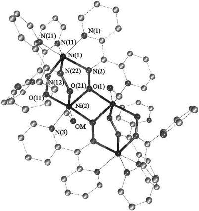 The asymmetric unit contains half of the tetranuclear cation, half a perchlorate and hydroxide counterion, two lattice water molecules and one methanol solvent molecule of crystallization.