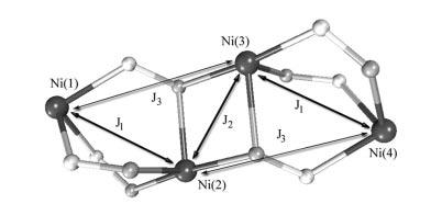 The interaction between the two central ions Ni(2) and Ni(3) is ferromagnetic, which is in accordance with the Ni O Ni angle (93.7 ) and the small distance between the two ions (3.