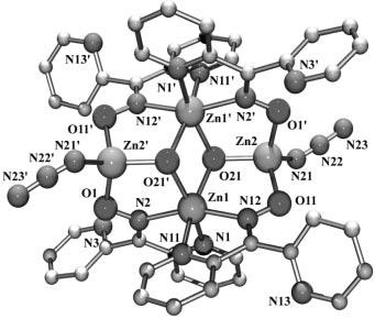 Figure 3. Partially labelled POV-RAY plot of the tetranuclear molecule of complex 2 4DMF. Other details are as in the caption of Figure 2. N O Zn O N Zn.