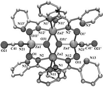 1110 [16] ) coordination mode. The coordination about the hydroxo oxygen atom, O(21), is markedly pyramidal [sum of Zn O(21) Zn angles: 319.7 ]. The metal ions exhibit two coordination geometries.