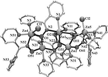 Di-2-pyridyl Ketone Oxime in Zinc Chemistry FULL PAPER Figure 6. Partially labeled POV-RAY plot of the pentanuclear cation [Zn 5 Cl 2 (pko) 6 ] 2+ of the complex 5 2.5H 2 O 1.5MeOH. Figure 7.