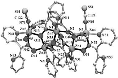 091(6) Zn(2) Zn(5) 3.627(1) Zn(3) N(33) 2.167(7) Zn(3) Zn(4) 3.631(1) Zn(3) N(32) 2.078(6) Zn(3) Zn(5) 7.759(1) Zn(4) O(1) 2.089(5) Zn(4) Zn(5) 9.785(1) Zn(4) N(3) 2.107(7) Zn(1) O(21) 2.