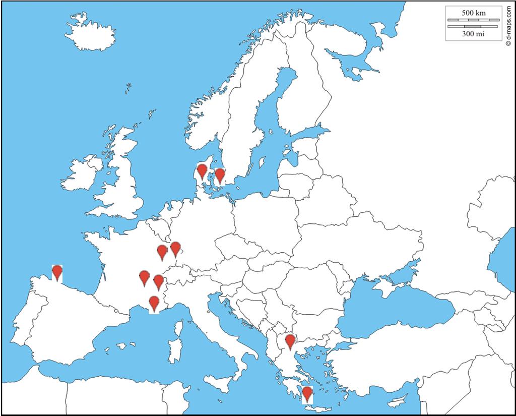 Εικ. 15 : Χάρτης της Ευρώπης με τα έργα που συζητήθηκαν. Ας διευκρινιστεί ότι πολλά από τα πεδία που επιλέχθηκαν τα είχαμε επισκεφθεί στο παρελθόν ως απλοί χρήστες.