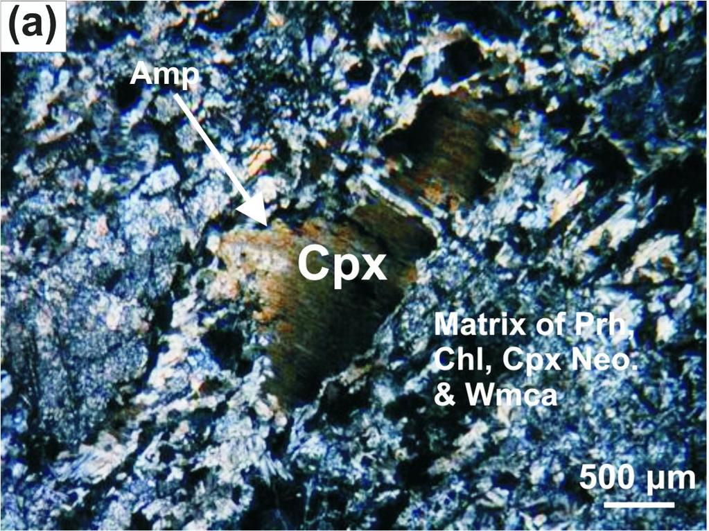Παραδείγματα μετασωμάτωσης Αν. Όθρυς (a) Τύπου 1 ροδιγκίτης 49/PALK με θεμελιώδη μάζα από πρενίτη (Prh), chlorite (Chl), νεοβλάστες κλινοπυρόξενου (Cpx Neo.
