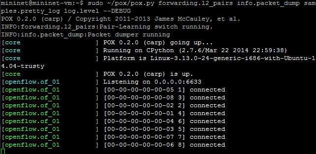 Ανοίγει ακόμα ένα τερματικό και γίνεται η εκκίνηση του POX controller με: sudo ~/pox/pox.py forwarding.l2_pairs info.packet_dump samples.pretty_log log.level ---DEBUG.