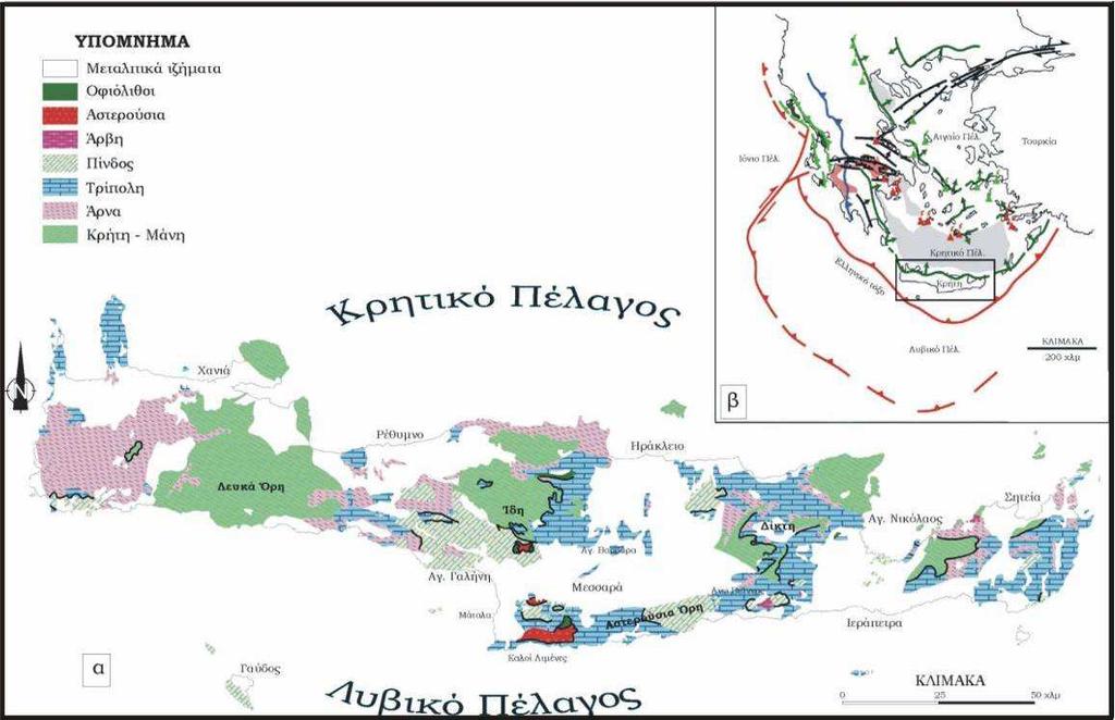 Εικόνα 2.2. (α) Γενικευµένος γεωλογικός χάρτης της Ν. Κρήτης και Γαύδου. (β) Η θέση τους σε σχέση µε το Ελληνικό τόξο και τις κυριότερες τεκτονο-στρωµατογραφικές δοµές του.